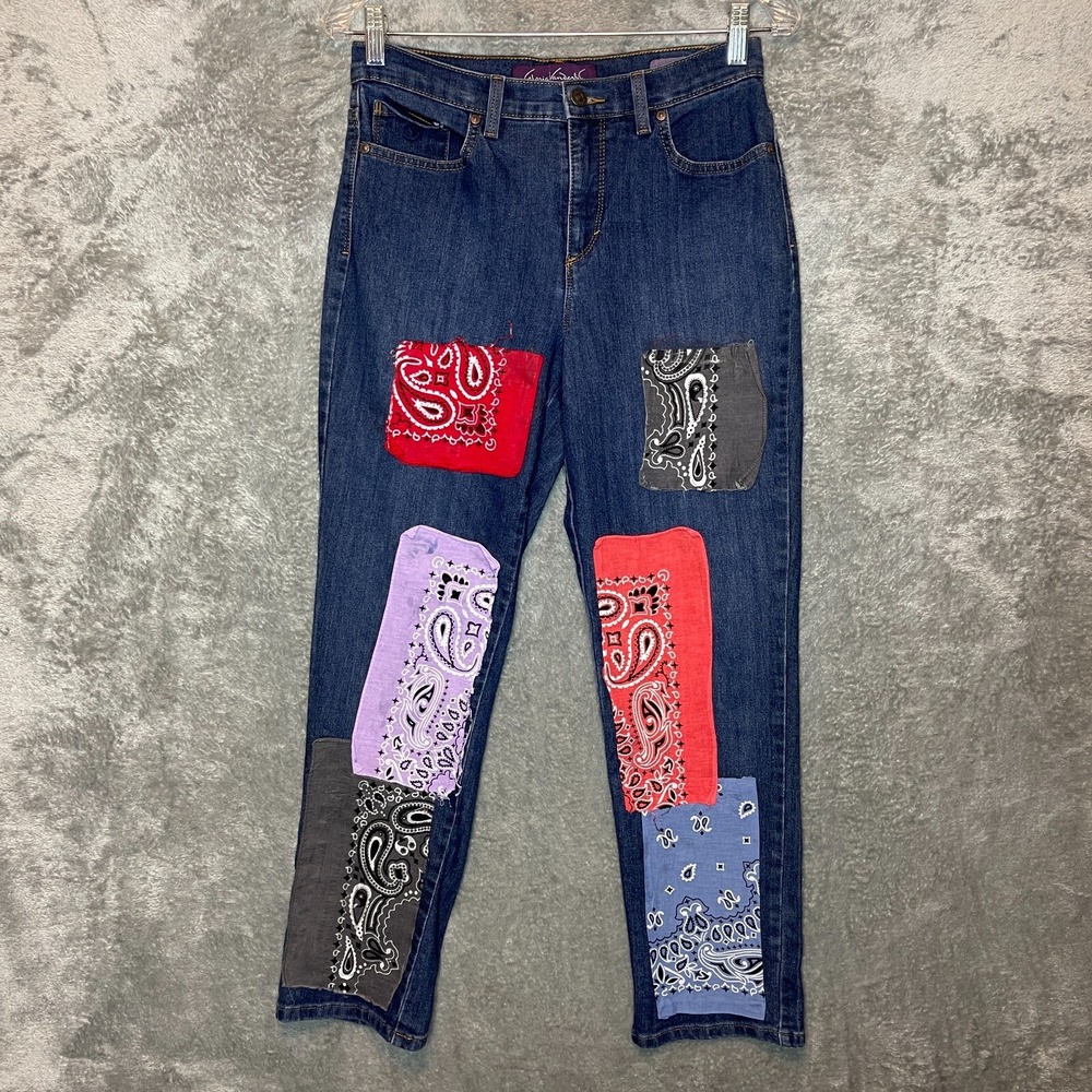 Women DIY Handkerchief Patchwork Mid Rise Straight Leg Denim Jean 6 SHORT
